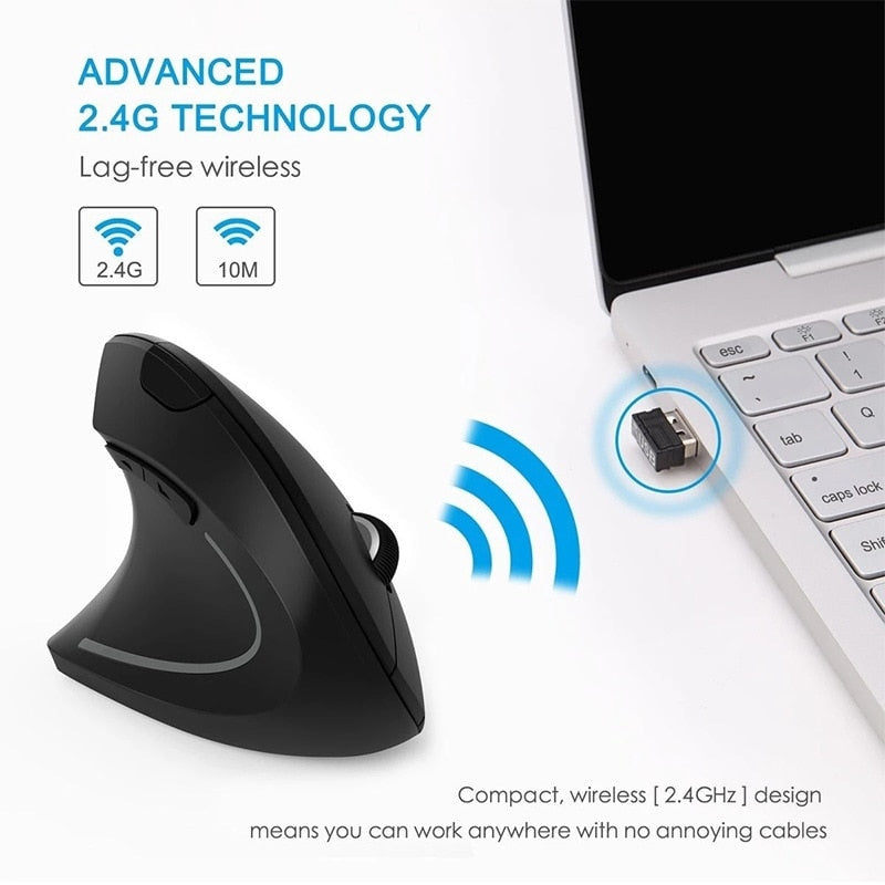 Mouse Óptico de Quinta Geração com um design futurista, sem fio e na posição vertical, mais conforto para sua mão. Evolução Marketplace