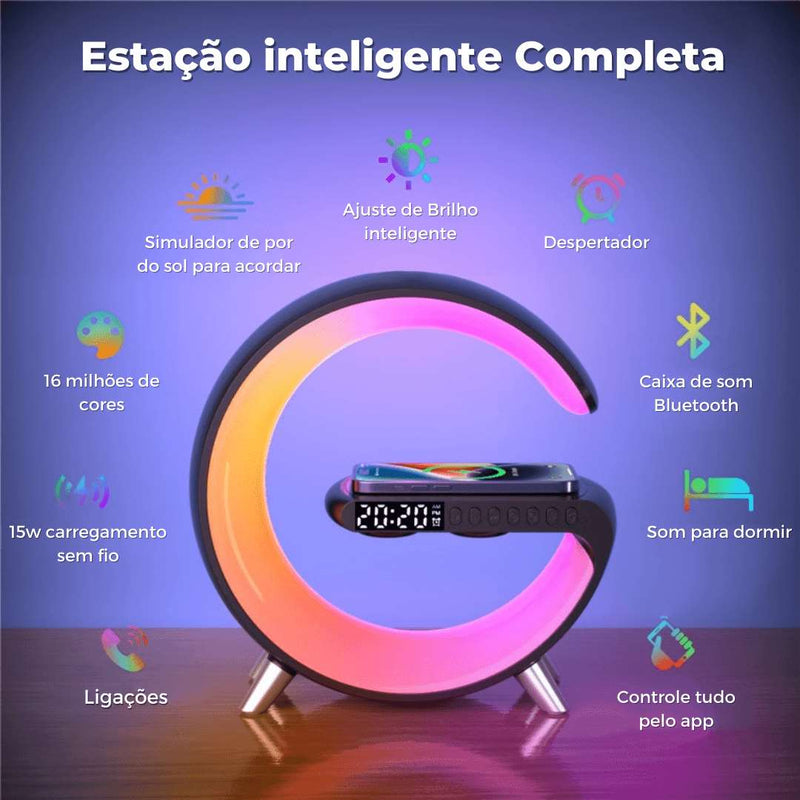 Smart Station - Luminária, Caixa de Som, Carregador Sem Fio e Relógio Evolução Marketplace